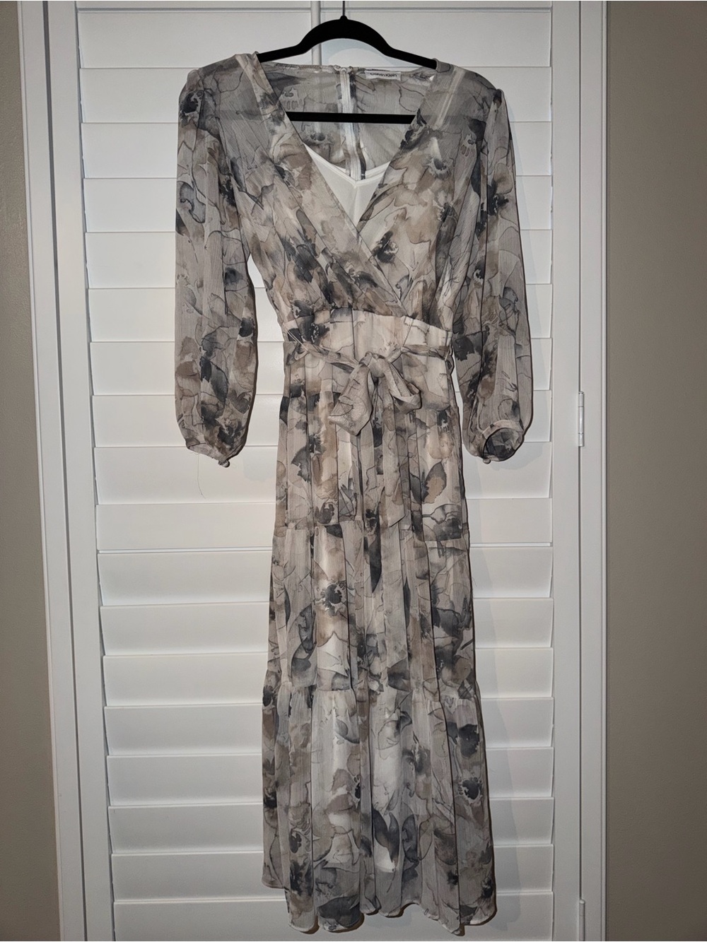 Calvin Klein Neutral Floral Wrap Maxi Dress in Beige and Gray